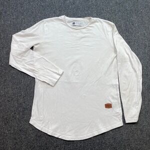 Leif Nelson Long Sleeve TShirt Sz S Mens White Streetwear Curved Hem Logo Patch